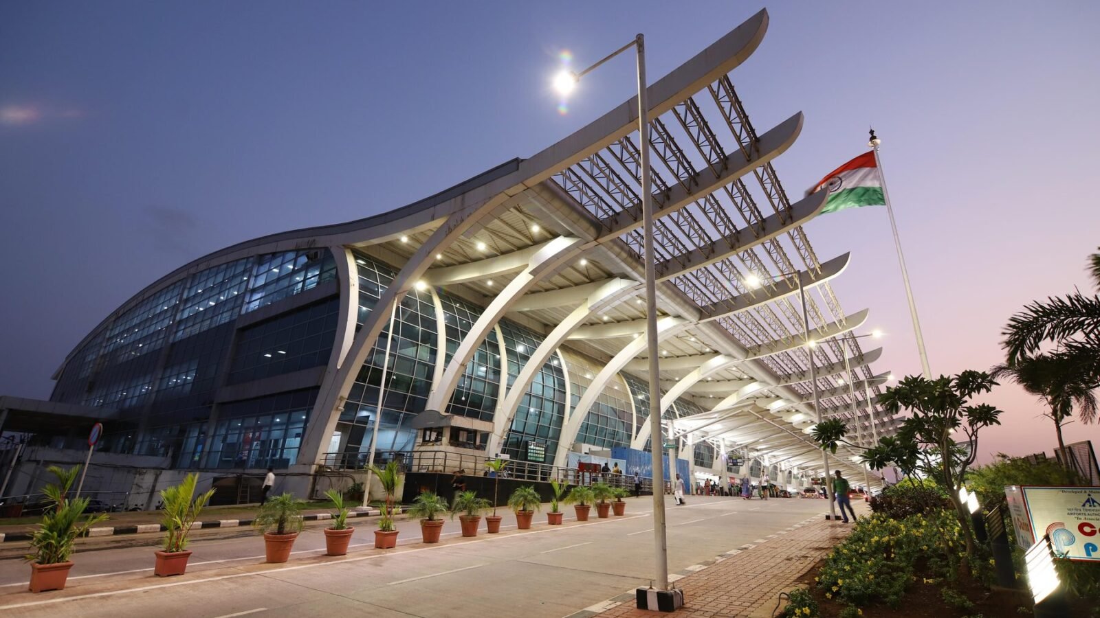 Dabolim Goa International Airport terminal building at dusk