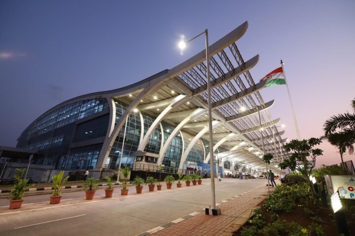 Dabolim Goa International Airport terminal building at dusk