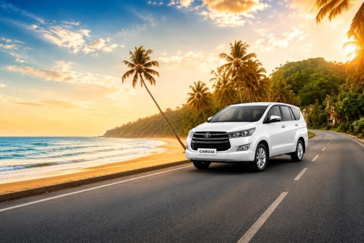 White taxi on a palm-lined coastal road beside the beach at sunset